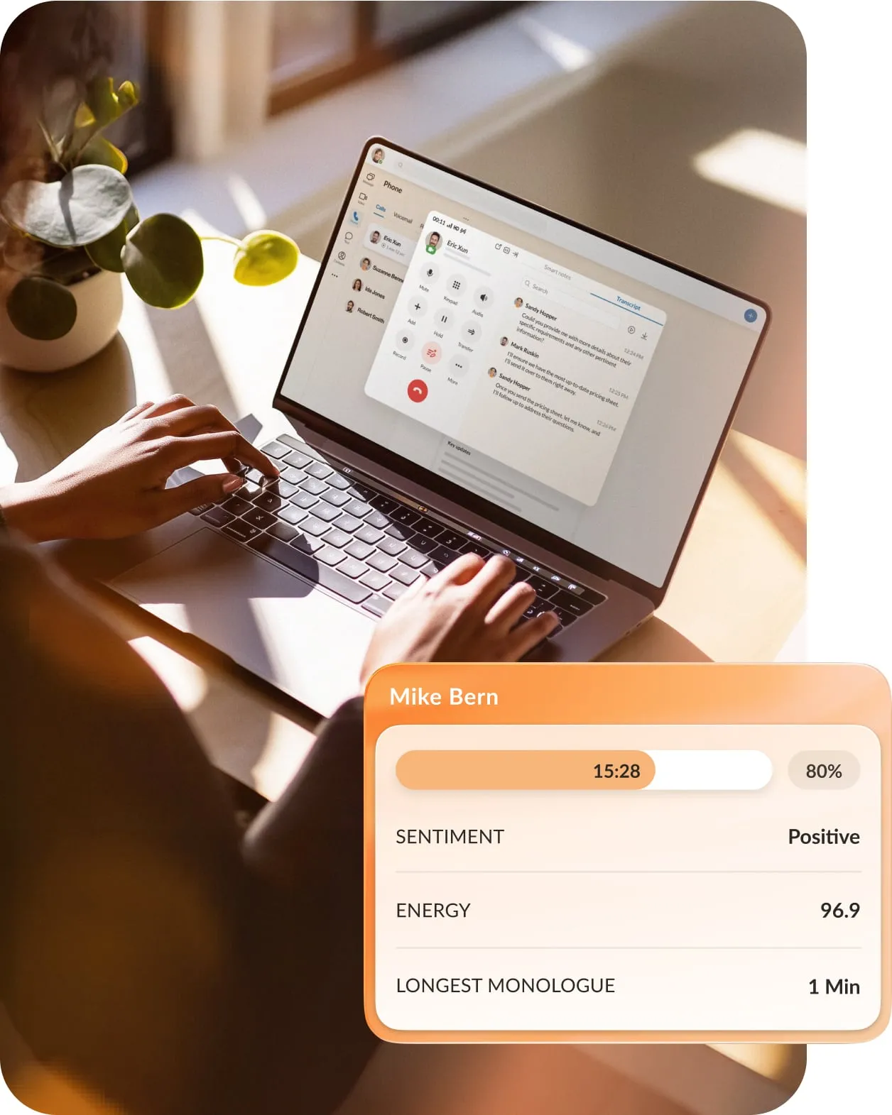 An agent is using RingCentral to speak to a customer while an inset shows AI-powered conversational intelligence.