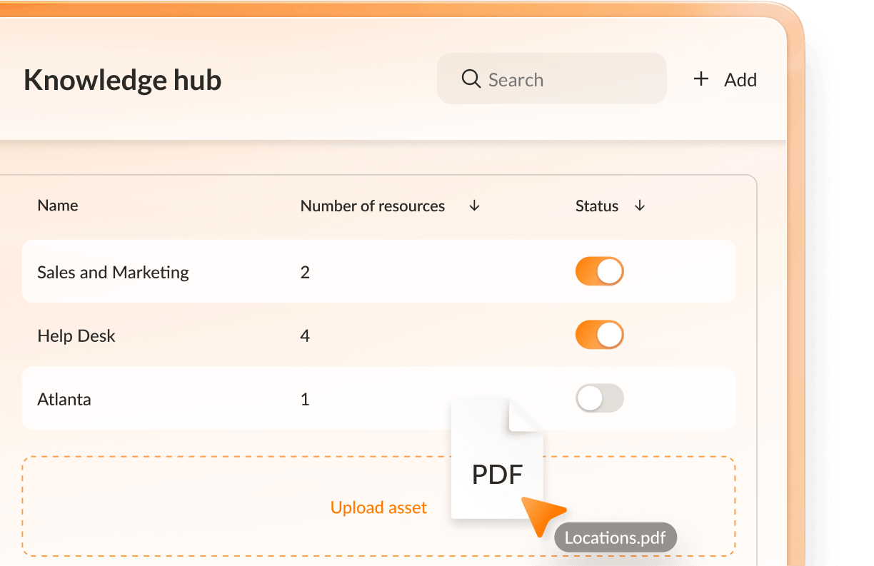 Screenshot of a Knowledge Hub interface displaying a table with resource categories such as Return Policy and Shipping Information. The image shows a user actively dragging and dropping a PDF file into the Upload Asset area.