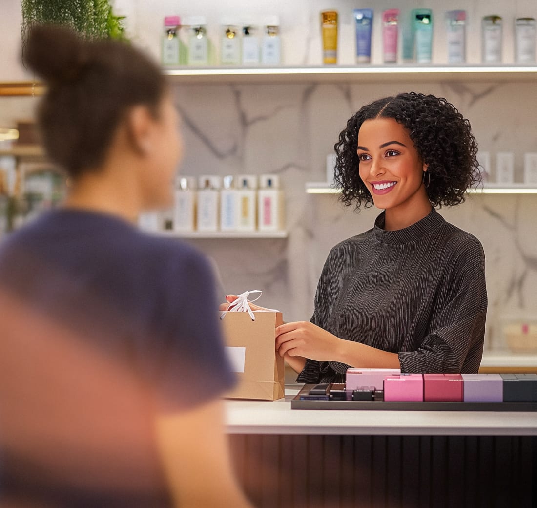 Female business owner engaging with a customer.