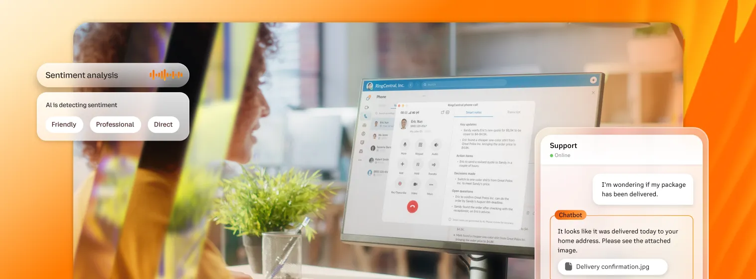 The RingCentral RingCX dashboard in display on a monitor screen with inserts of the Sentiment Analysis feature and chat support window