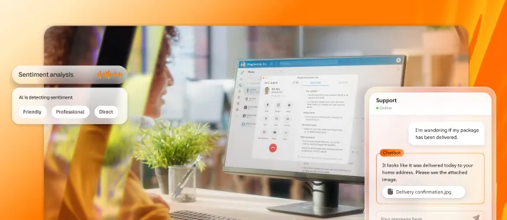 The RingCentral RingCX dashboard in display on a monitor screen with inserts of the Sentiment Analysis feature and chat support window
