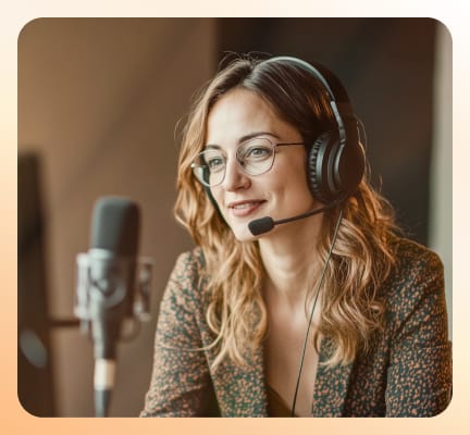 A smiling female online events host with headphones and a standing mic