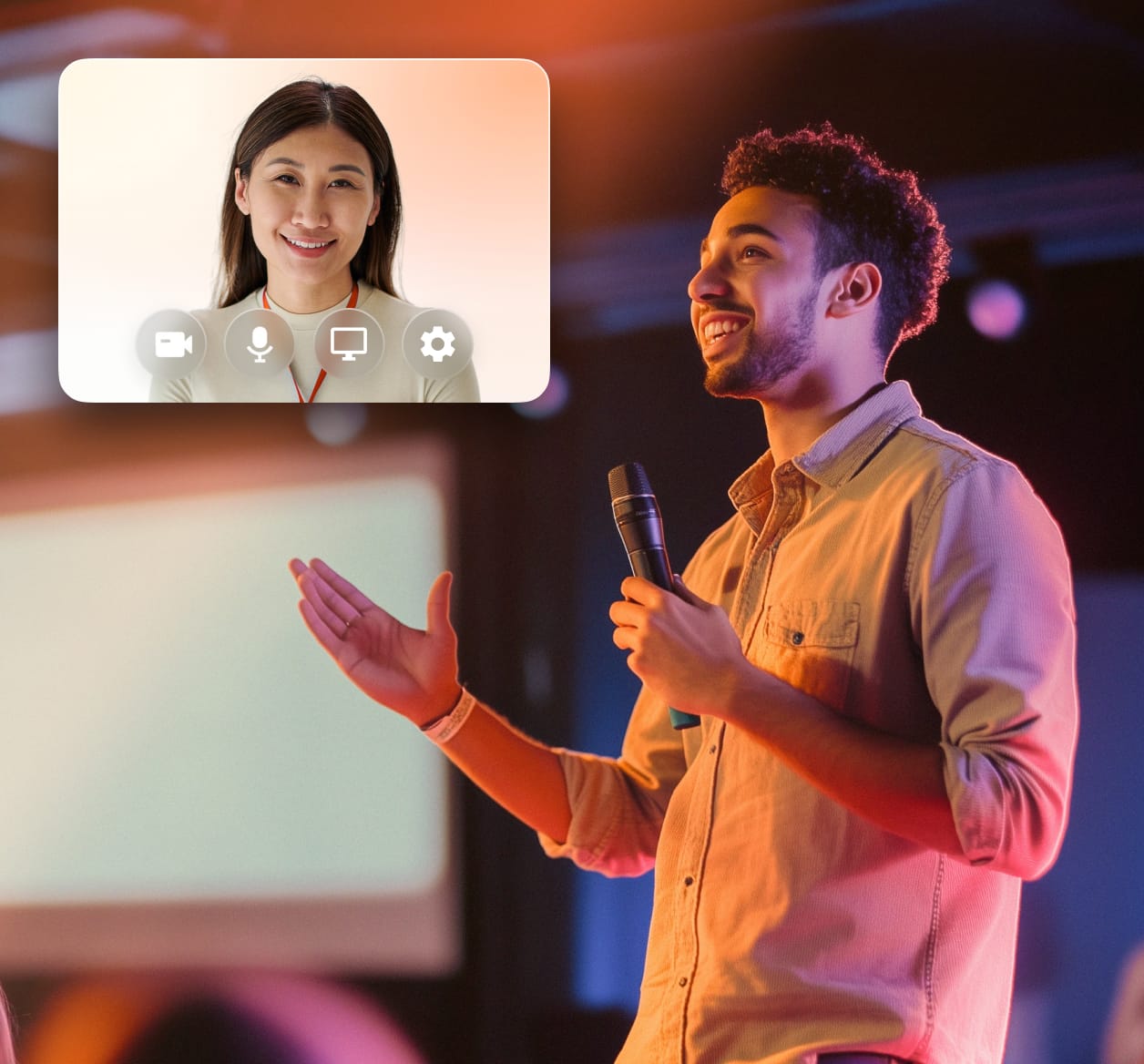 A live event host speaking to an online guest on RingCentral Events