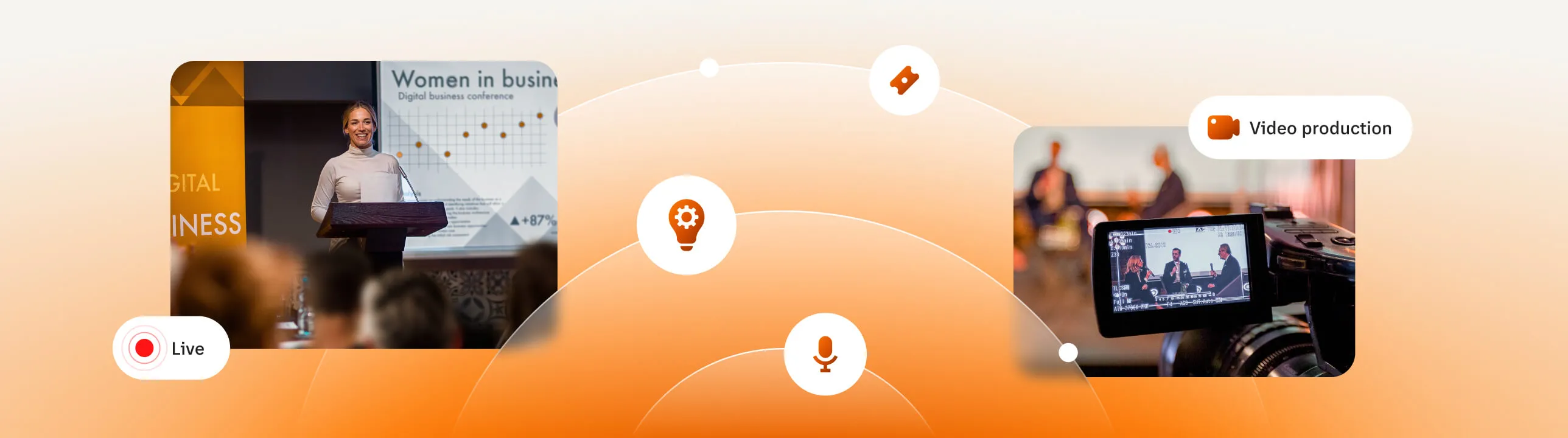 An in-person event with guest speakers being recorded and broadcasted live