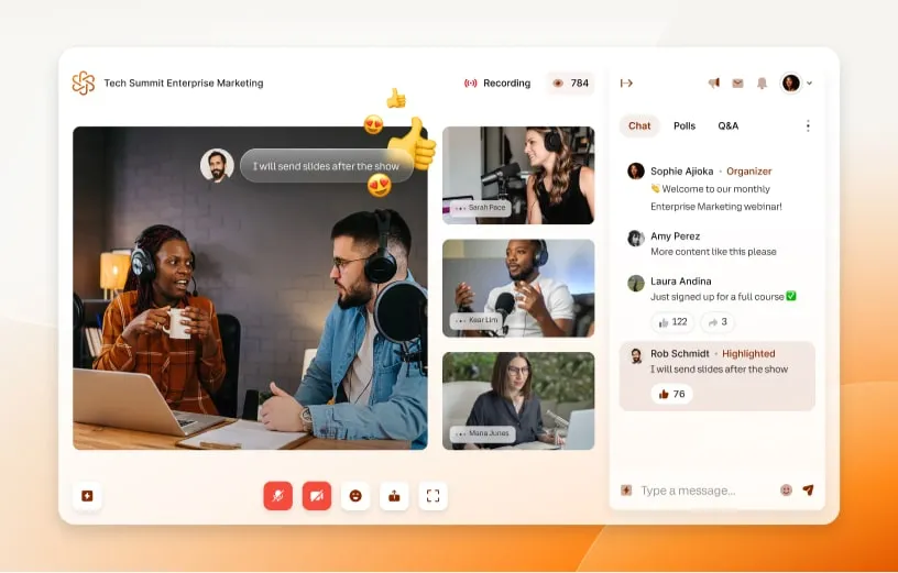 The RingCentral Events platform showing a live hybrid event and chat messages