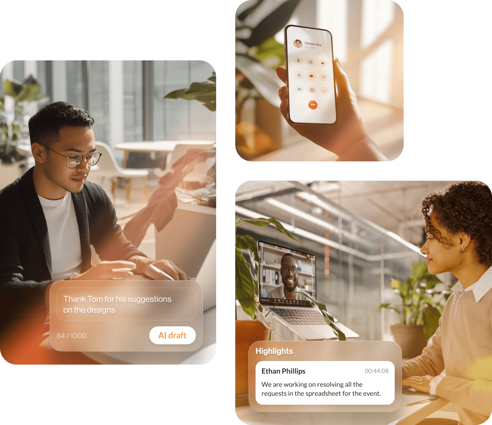 image 1: a male remote worker using RingCentral RingEX™ AI writer feature to compose a message  image 2: an image showing RingCentral dialpad on mobile app image 3: a female remote worker using RingCentral RingEX™ meeting highlights feature during a video meeting