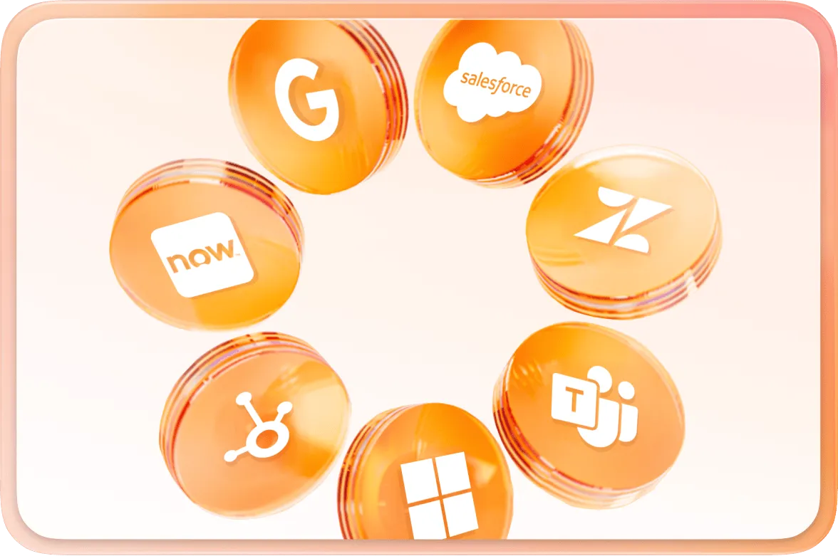 A circular arrangement of orange coins, each displaying logos of tech companies: Google, Salesforce, Zendesk, Microsoft Teams, Windows, HubSpot, and ServiceNow