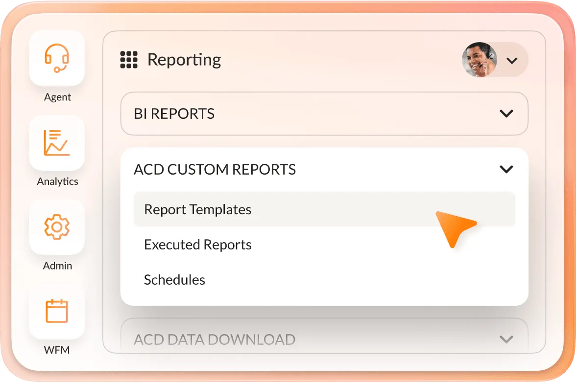 The Reporting feature of RingCentral featuring dropdown menu with various options including Report Temlates, Executed Reports, and Schedules