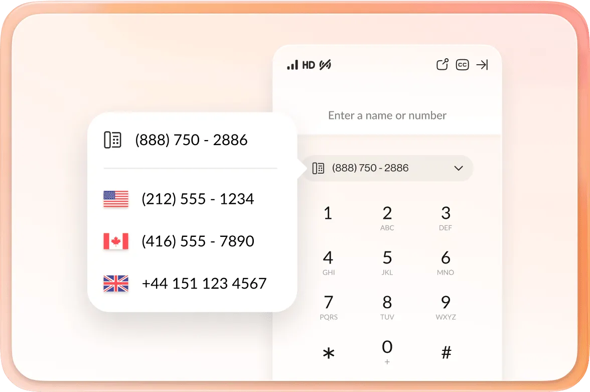 A mobile dialer pad featuring phone numbers from US, Canada, and UK
