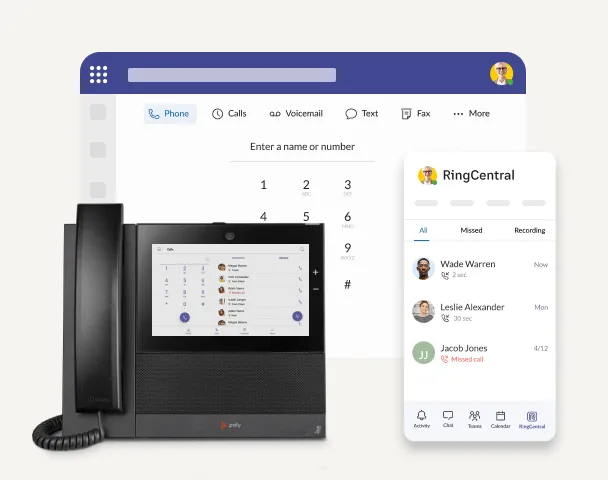 A deskphone with the RingCentral app on Microsoft Teams window on the background