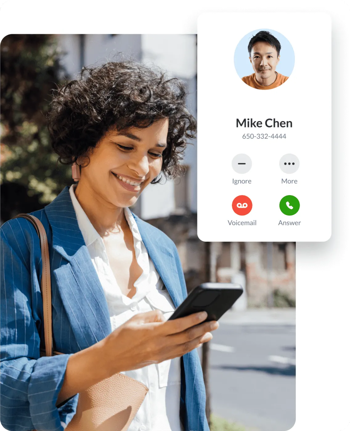 A woman receives a phone call via the RingCentral mobile app