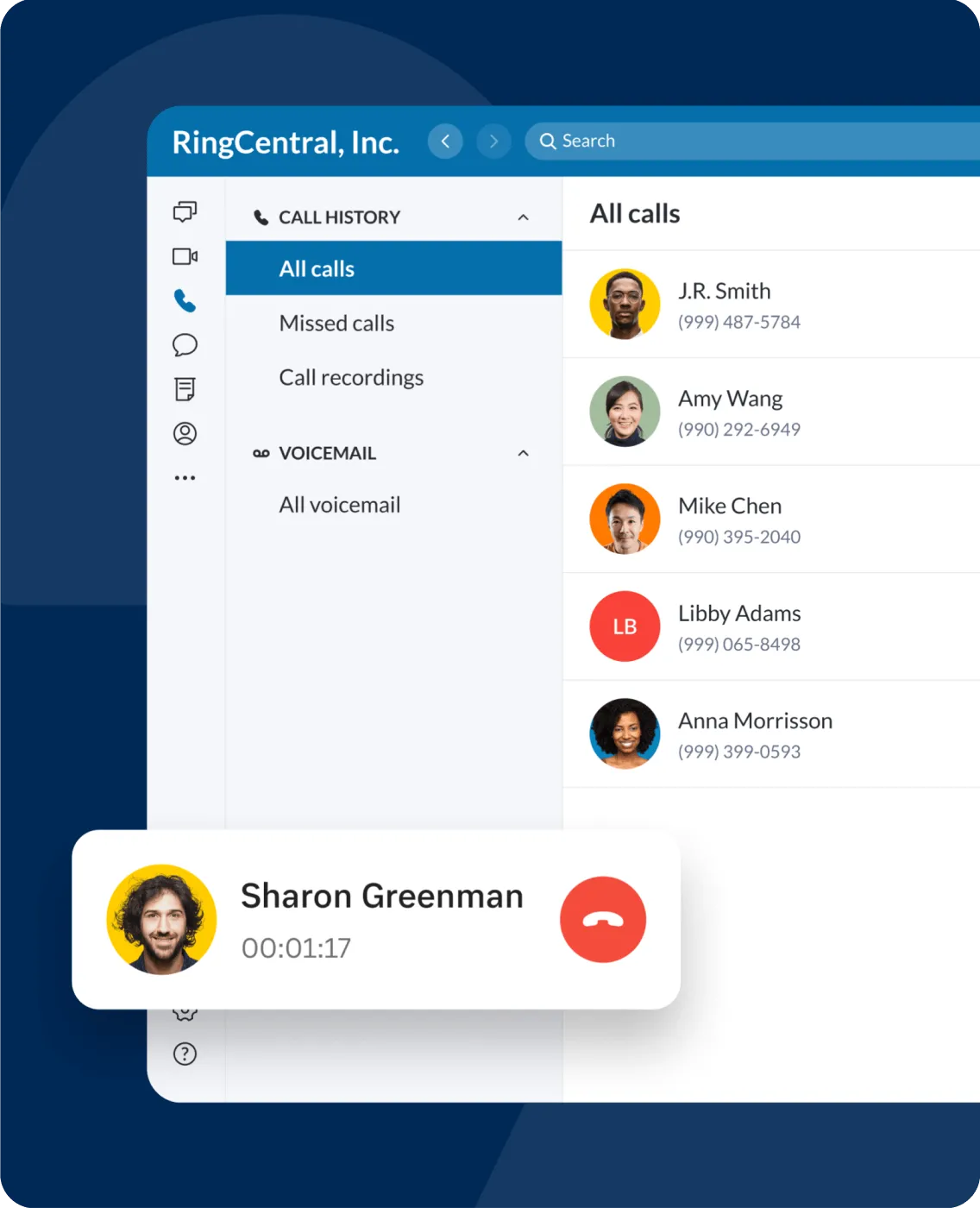 An ongoing call via the RingCentral desktop softphone app