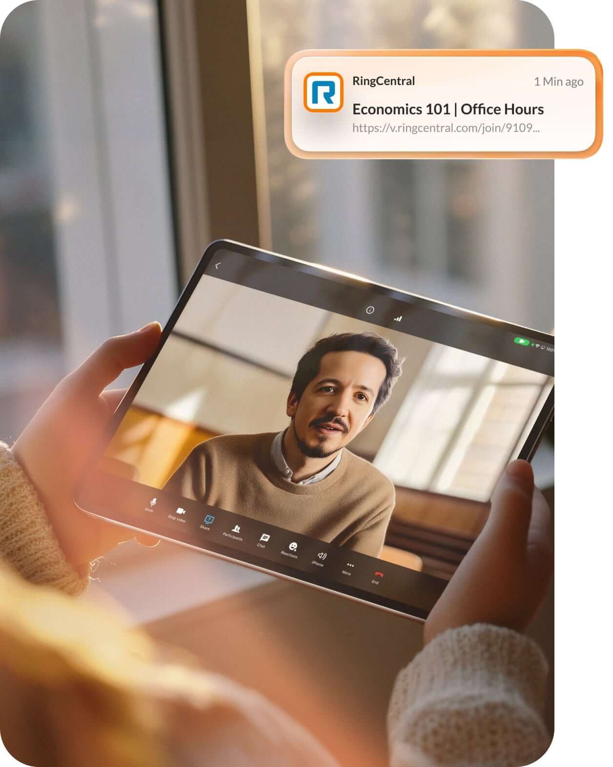 A student using a tablet to join a virtual class hosted on RingCentral