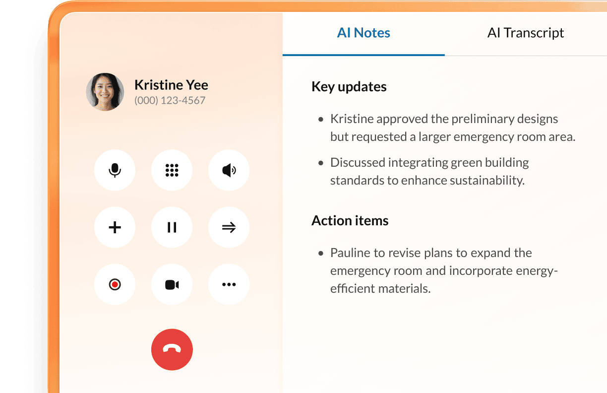 Live call with call notes and AI transcript features enabled