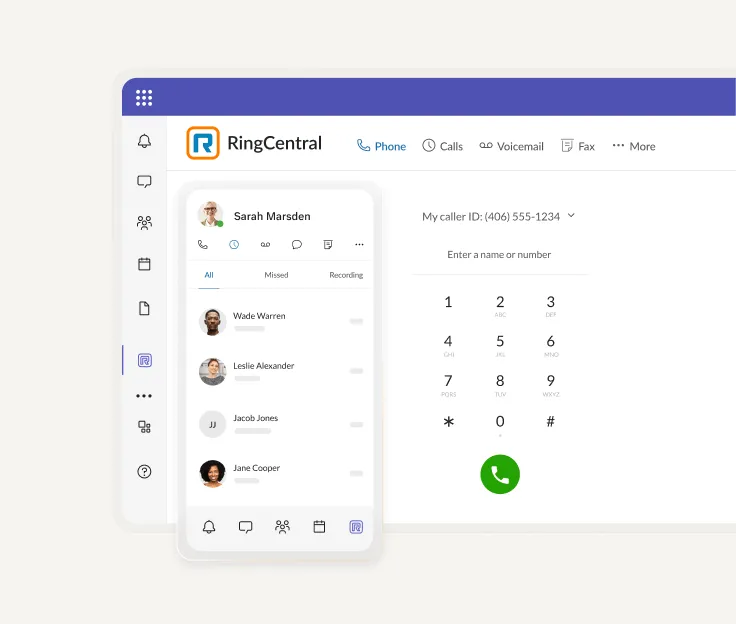 List of contacts and phone dial pad within the RingCentral app