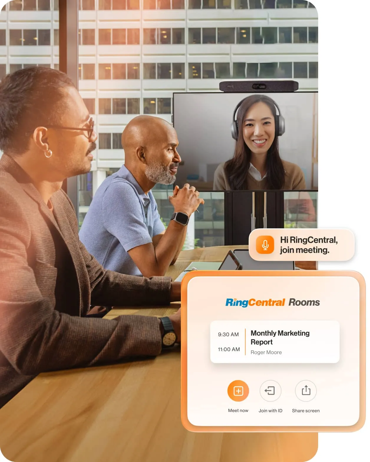 In-office employees and remote working joining a meeting via RingCentral Rooms