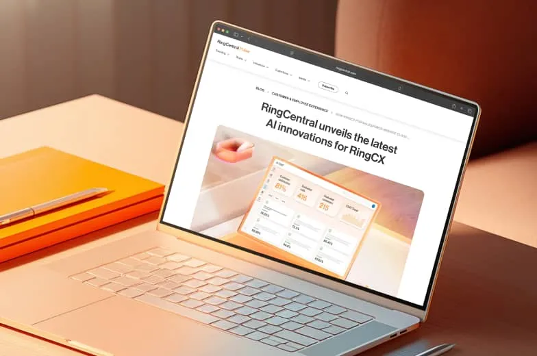 Laptop displaying a RingCentral blog article announcing the latest AI innovations for RingCX, featuring an embedded graphic of a contact center analytics dashboard.