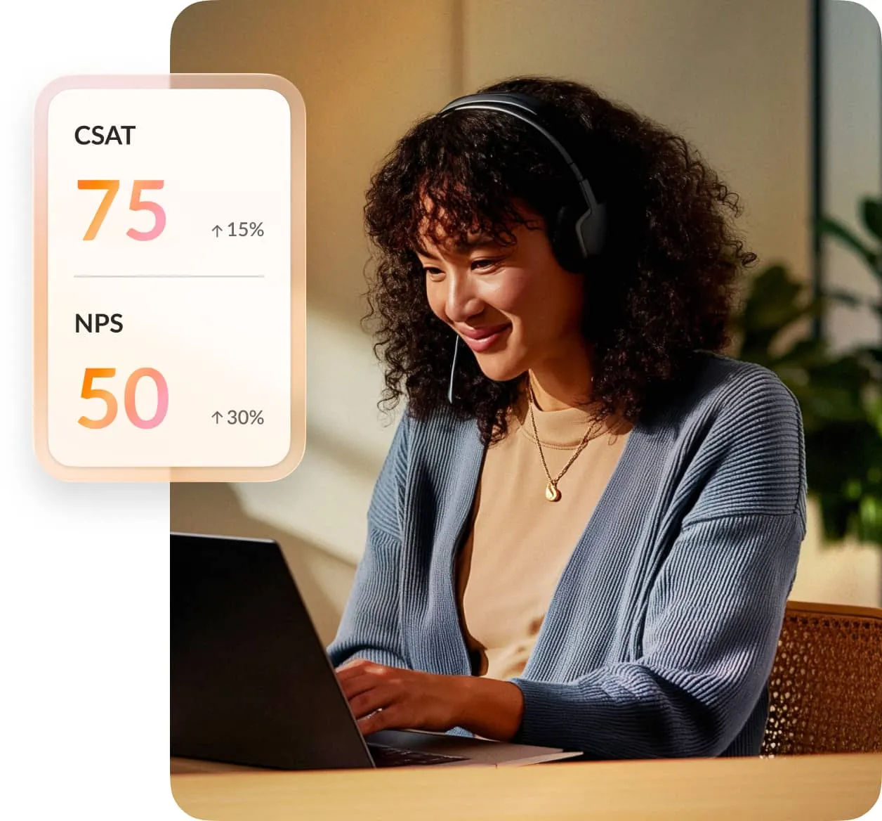 Customer service agent smiling while working on a laptop, with an overlaid analytics panel showing high CSAT and NPS scores.