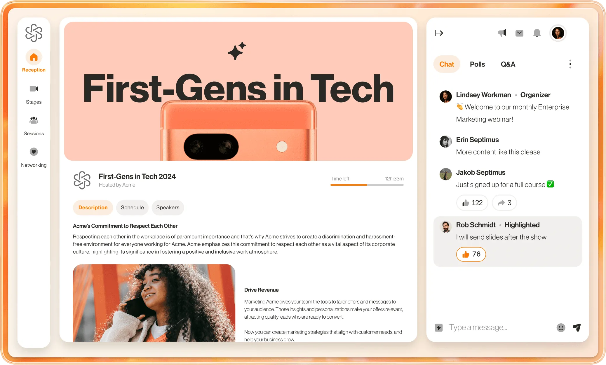 The Reception tab of a Tech conference hosted in RingCentral Events