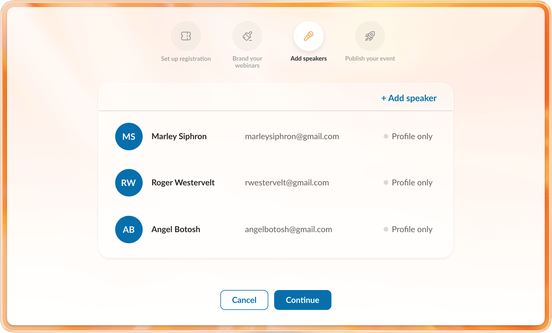 Interface for adding speakers on RingCentral webinar platform