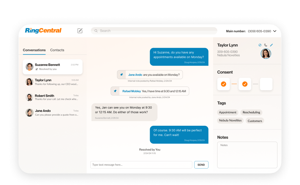 List of conversations on RingEX Advanced SMS Inbox feature