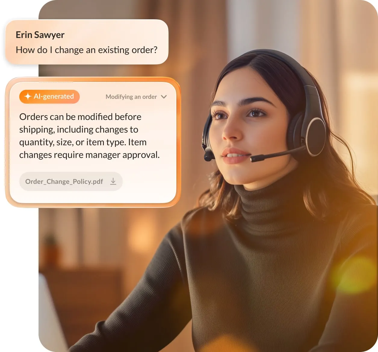 A female contact center agent utilizing the RingCentral RingCX AI Agent Assist