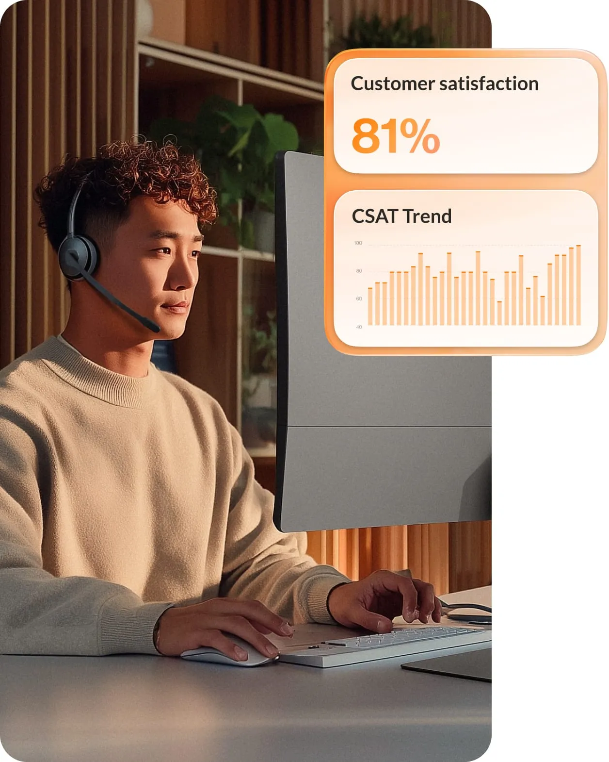The RingCentral RingCX AI Agent Assist is being used by a male agent working remotely.