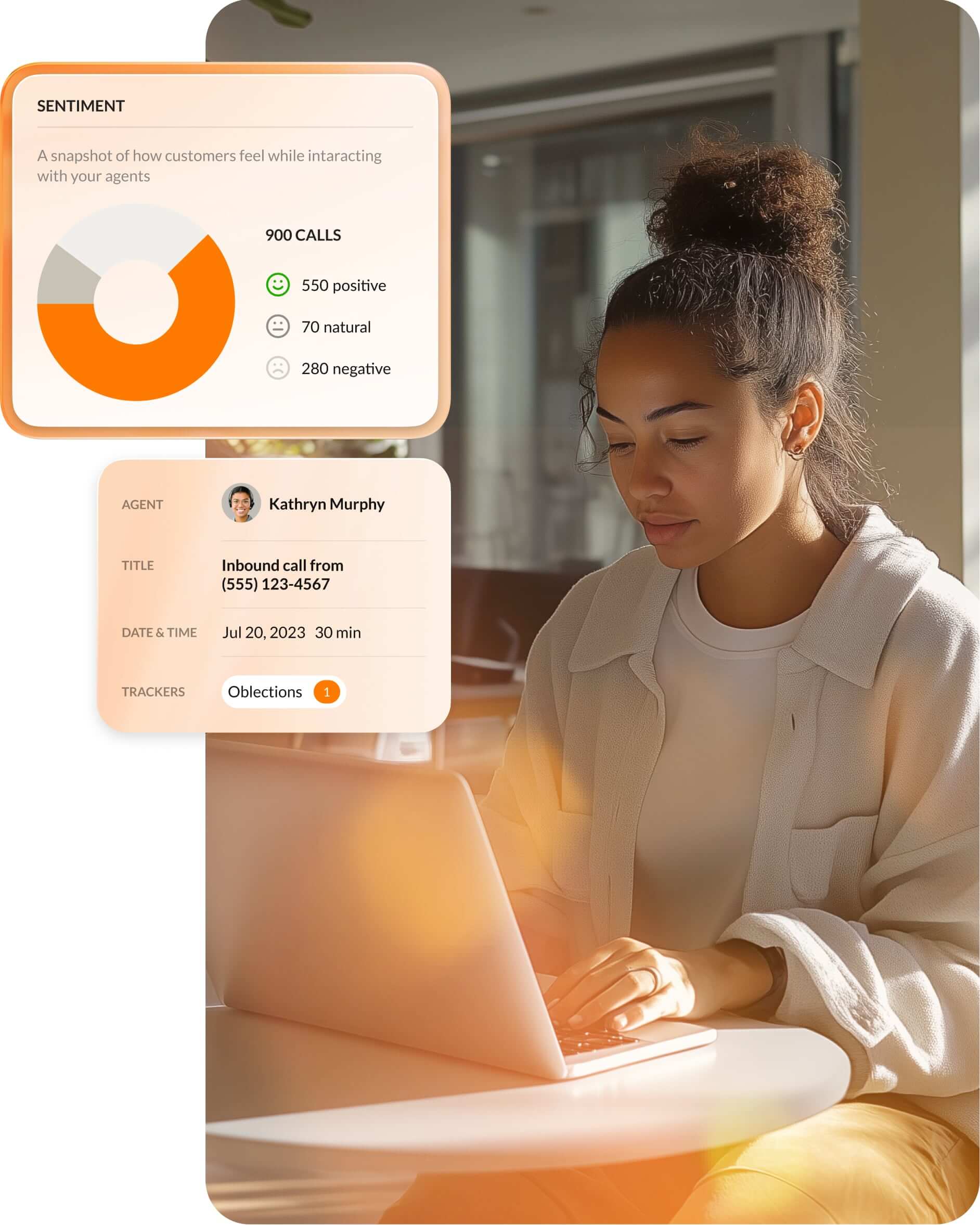 A woman looking at a laptop with an inlay image of the RingCX sentiment tracker and agent details