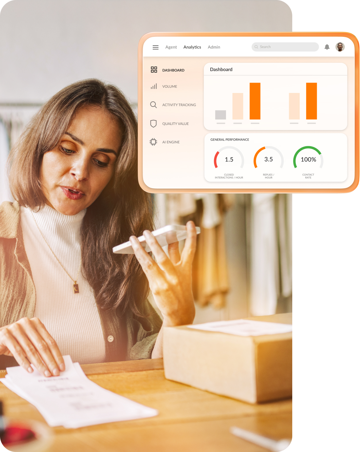 A woman looking at receipts with an insert of the Analytics dashboard of the RingCentral app
