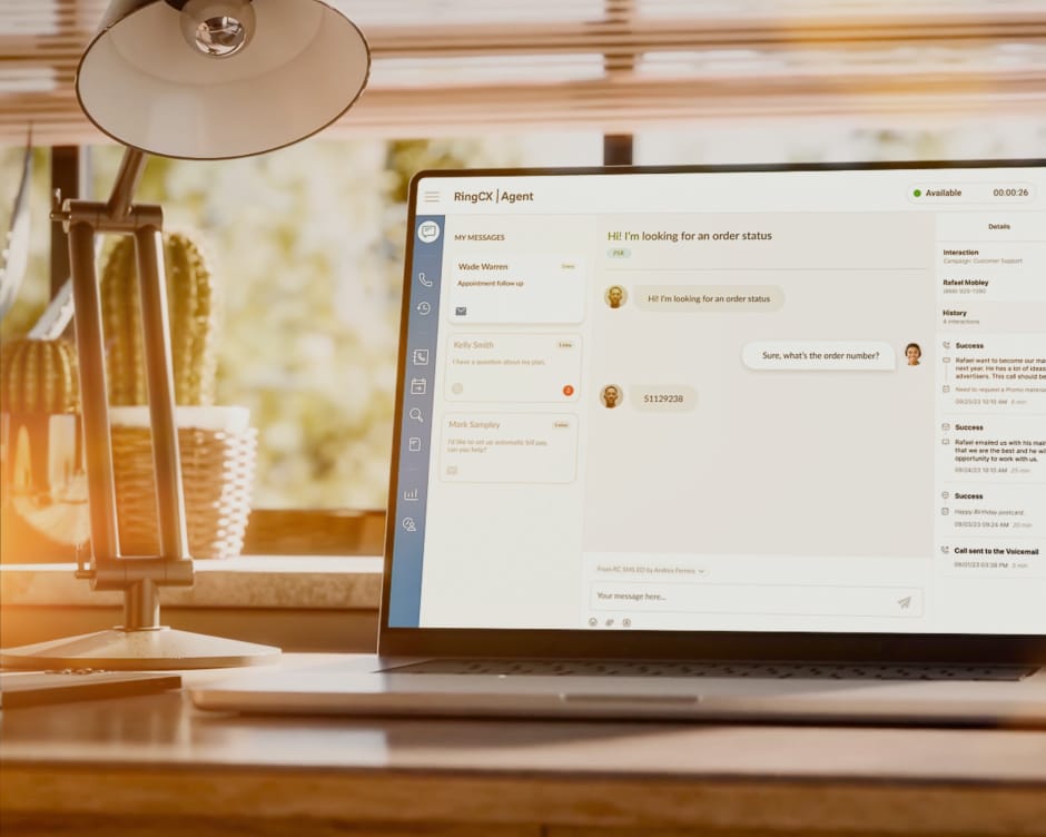 A laptop screen displaying an agent's dashboard within the RingCentral RingCX app