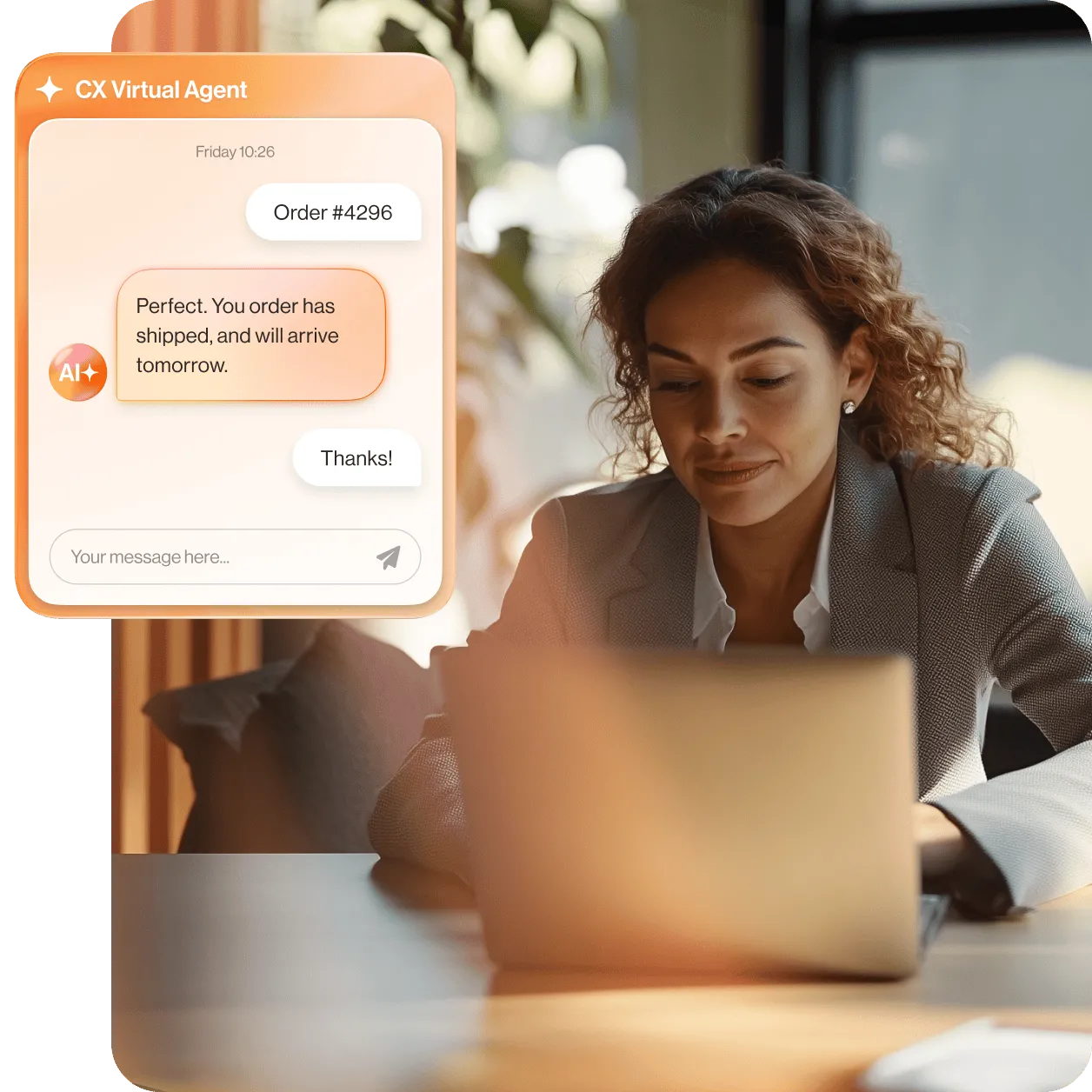 A female customer using her mobile phone engages in a chat conversation with an intelligent virtual agent on RingCentral RingCX.