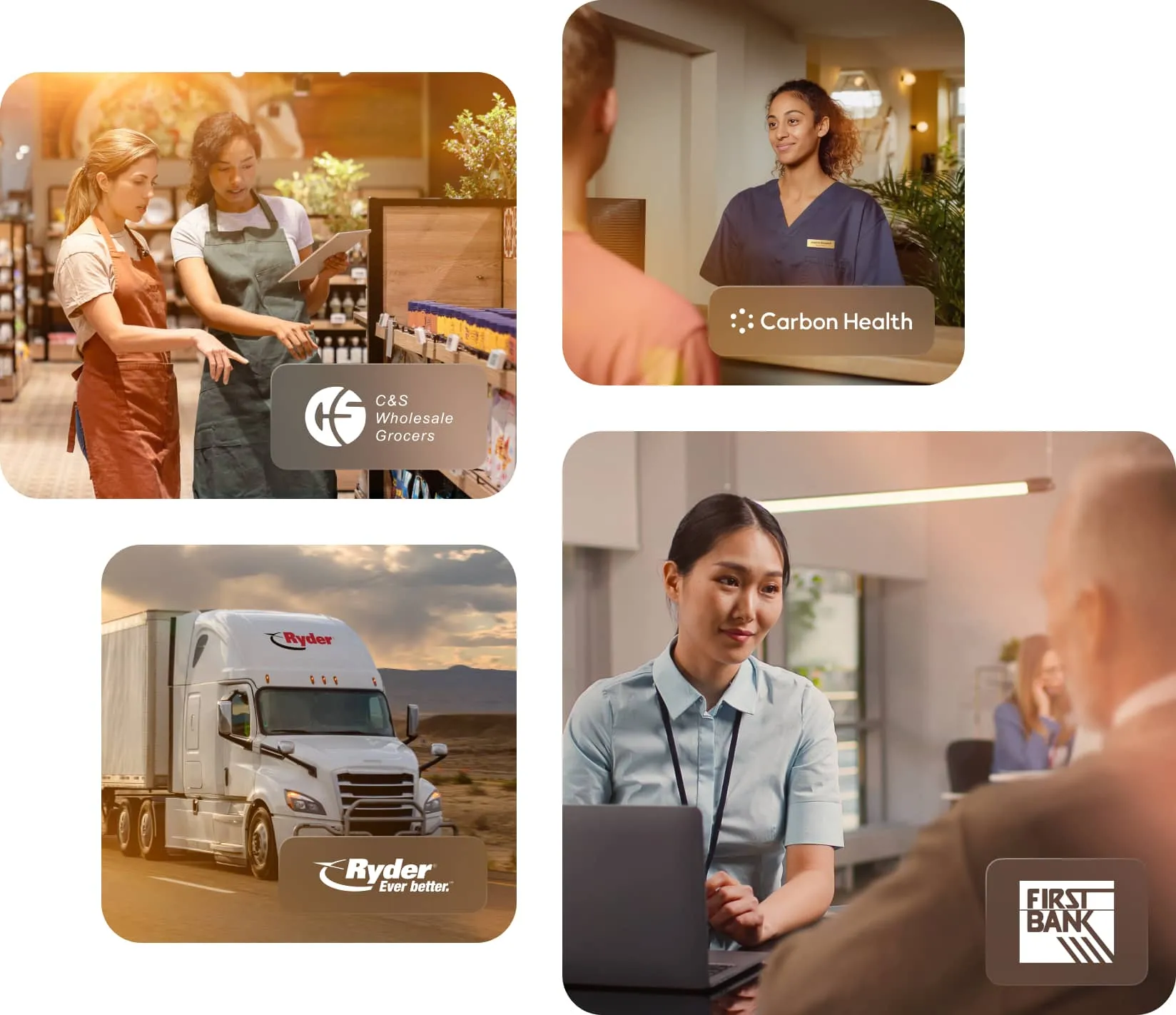 Group of images: A man smiling at his laptop viewing his online investments; A nurse speaking to a patient; Ryder truck; Female bank teller speaking to client
