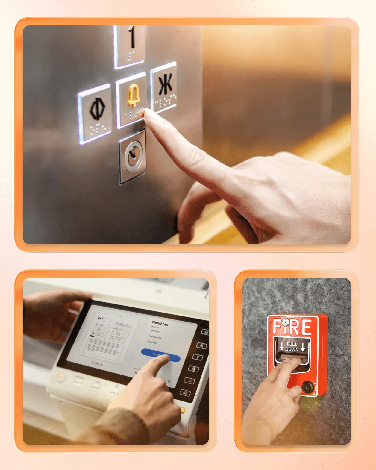 Collage depicting three individuals interacting with different notification systems: one pressing an elevator call button, another activating a fire alarm, and a third person using a touch screen interface.