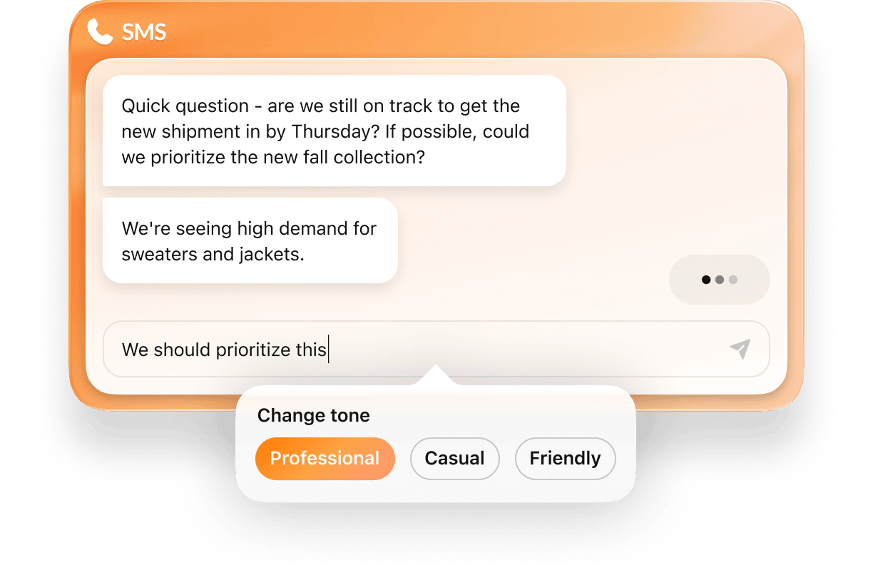 An image showring RingCentral's AI writer feature for SMS messages
