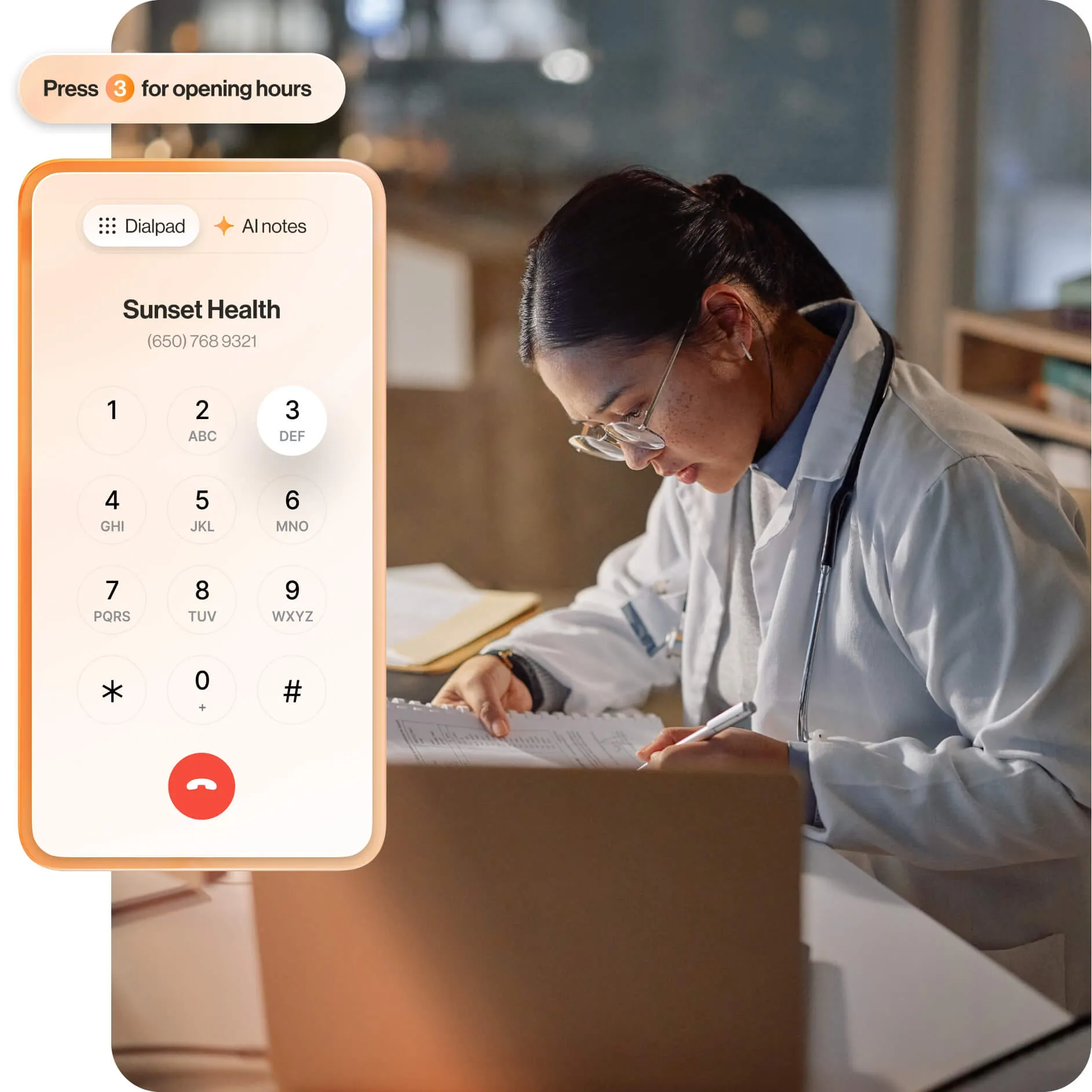 A doctor in a white coat writes at a desk, using a clipboard. An AI chatbot is visible, showing a conversation about rescheduling an appointment.