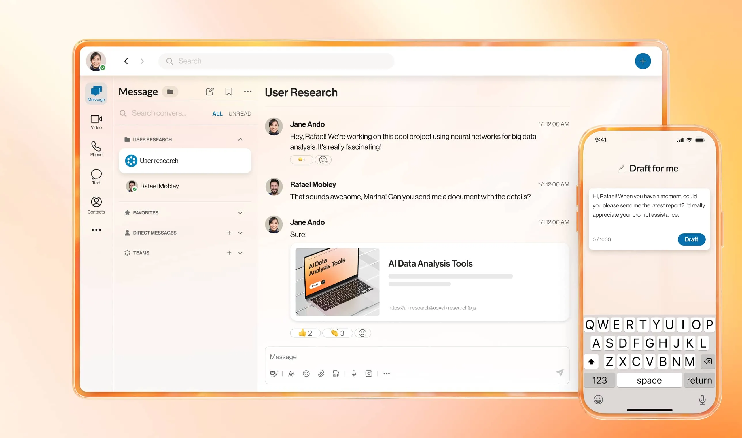 An image showing the Group Messaging feature on the RingCentral app, displayed on mobile and laptop
