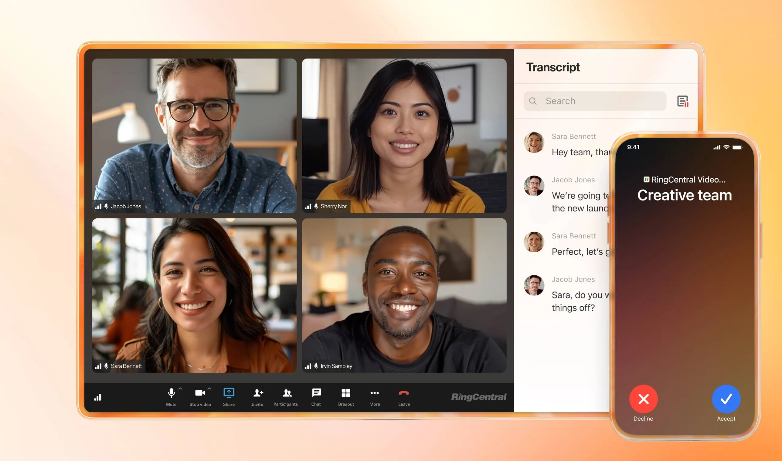 An image showing an ongoing video conference on the RingCentral app, displayed on mobile and laptop