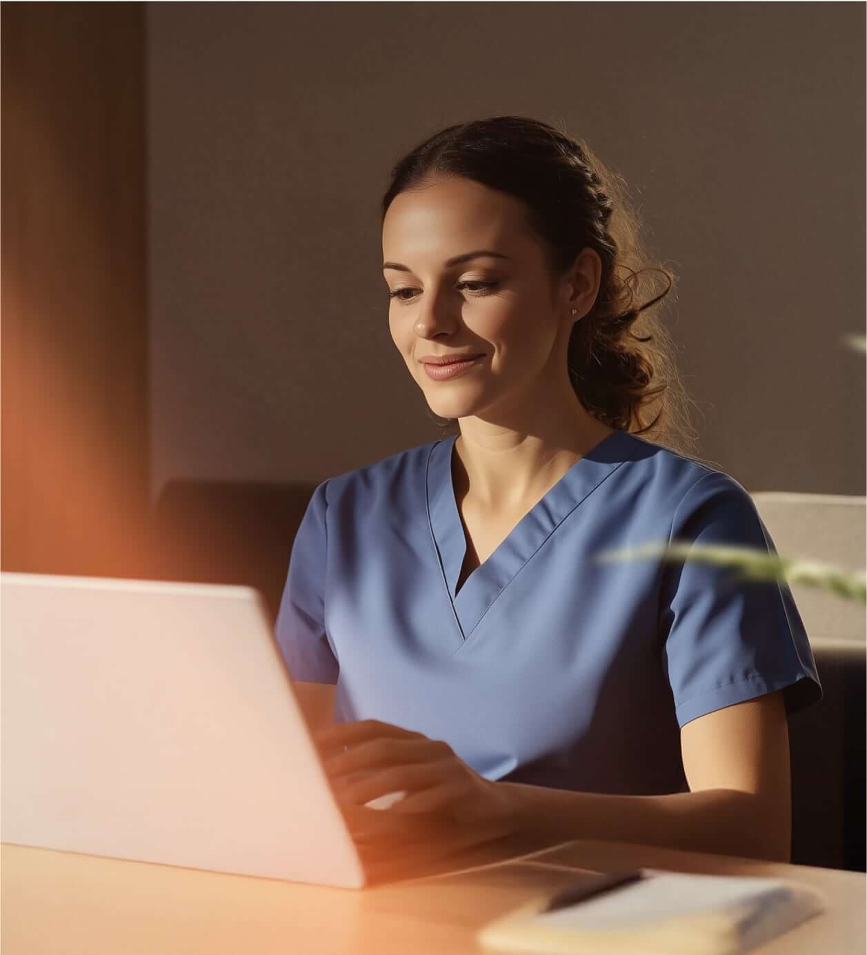 A smiling female medical professional looking at her laptop with text inlay of appointment scheduling, send medical intake forms, and triage initial patient concerns