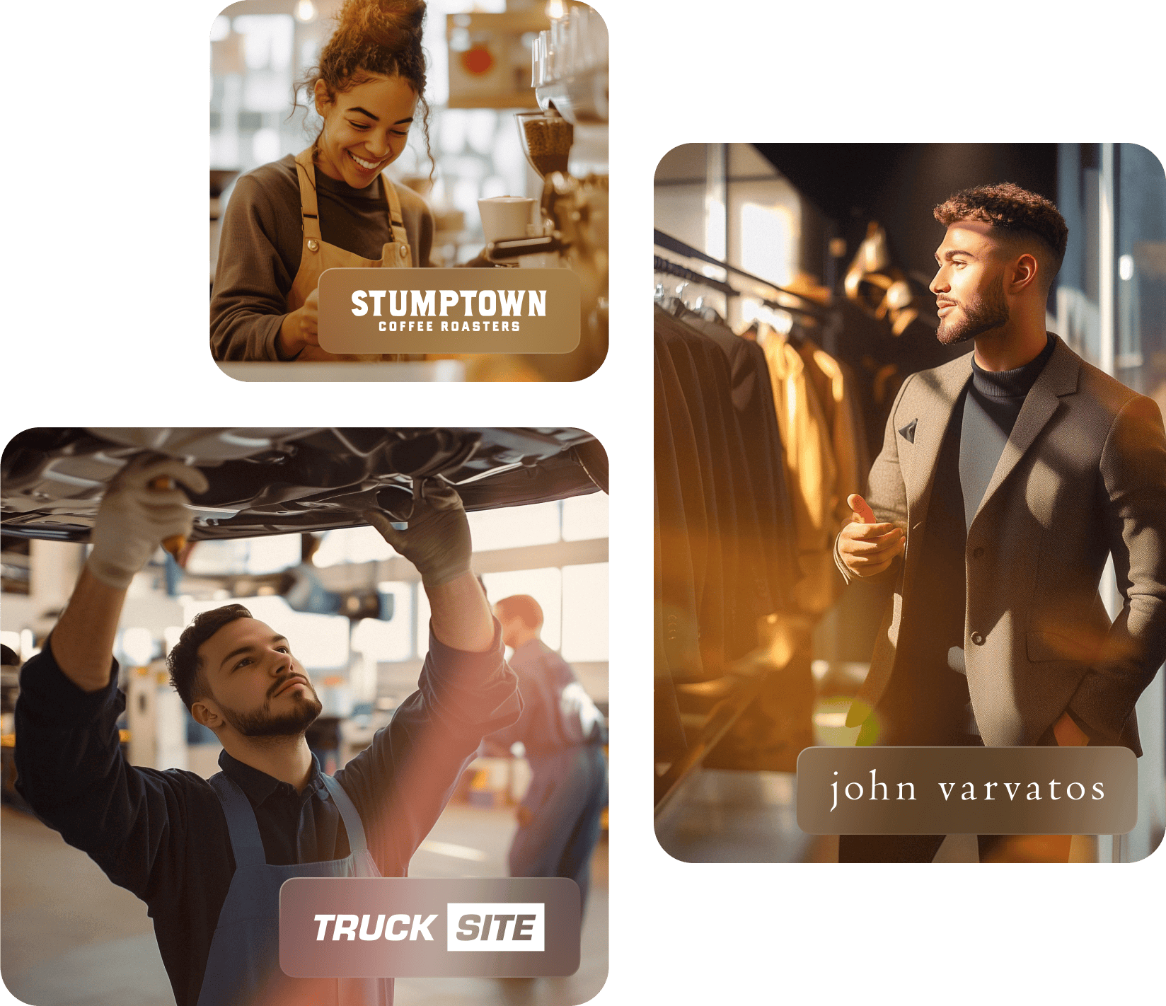 Image 1: A female barista making coffee in a cafe. Image 2: A male technician fixing a car. Image 3: A male store employee standing next to a rack of coats.