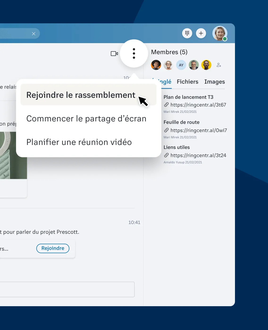 Le bouton d’espace de discussion dans l’application RingCentral