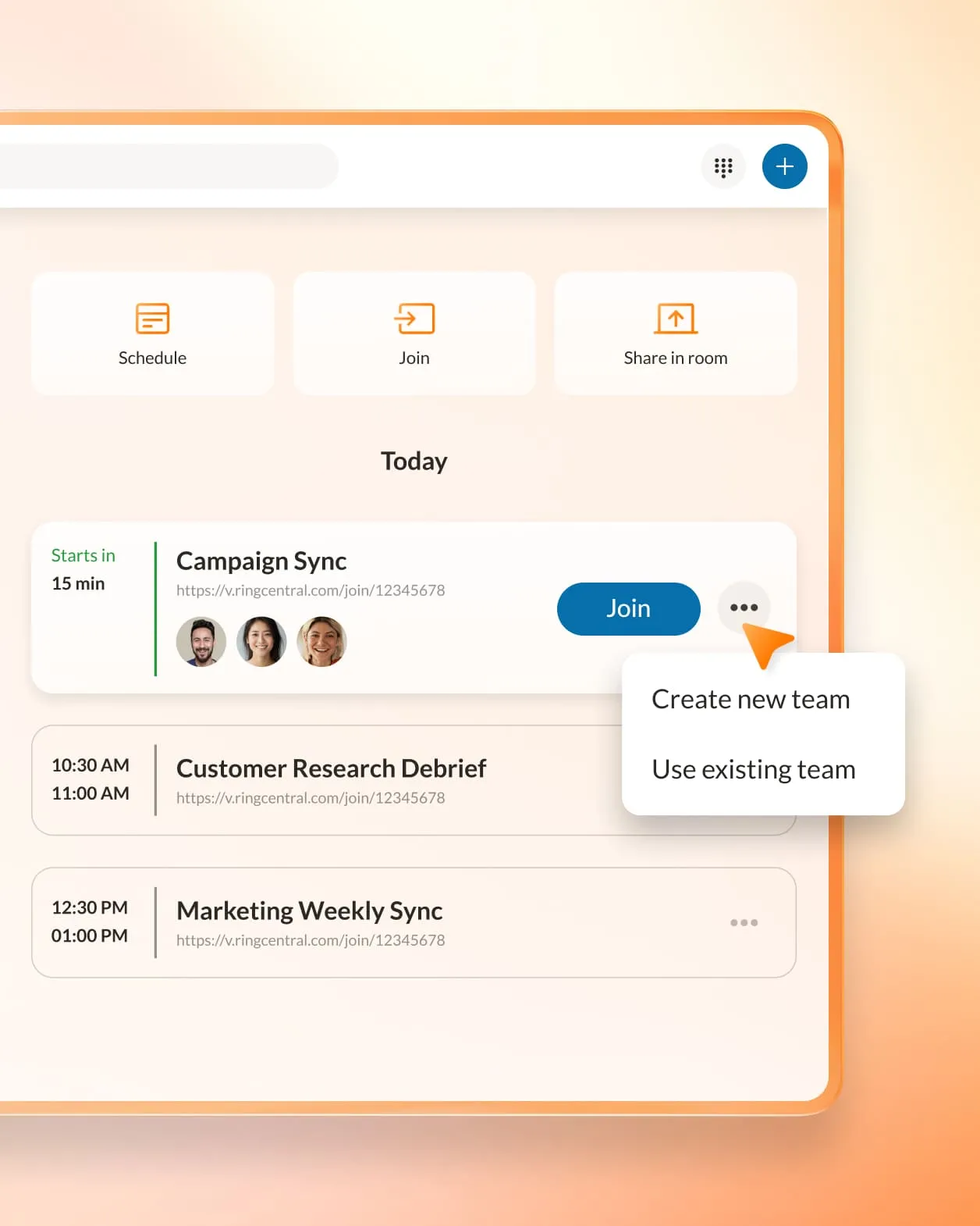 The Create new team or Use Existing Team options of the Calendar feature of RingCentral Team Messaging