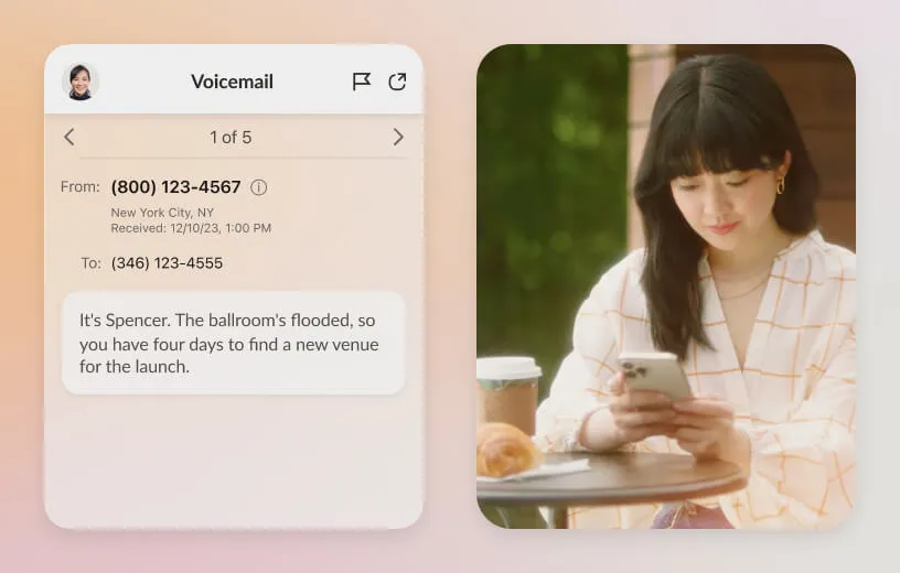 Female remote worker using her mobile phone to view her voicemail on RingCentral app