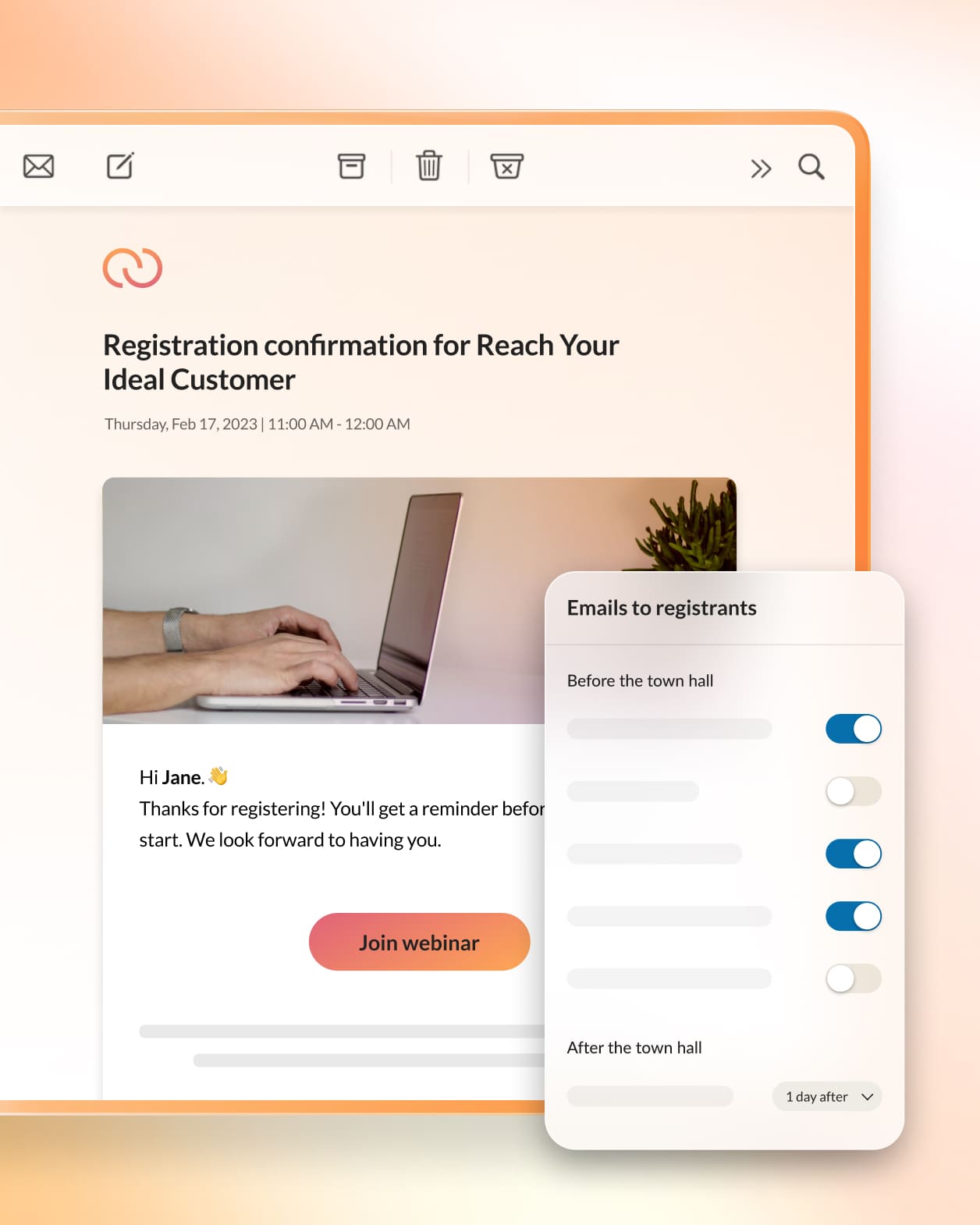 Automated email to registrants option inlay on top of the Webinar registration confirmation email