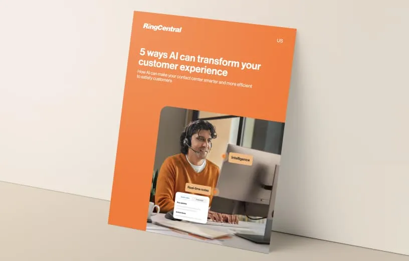 Ebook cover on AI transforming CX leaning against wall